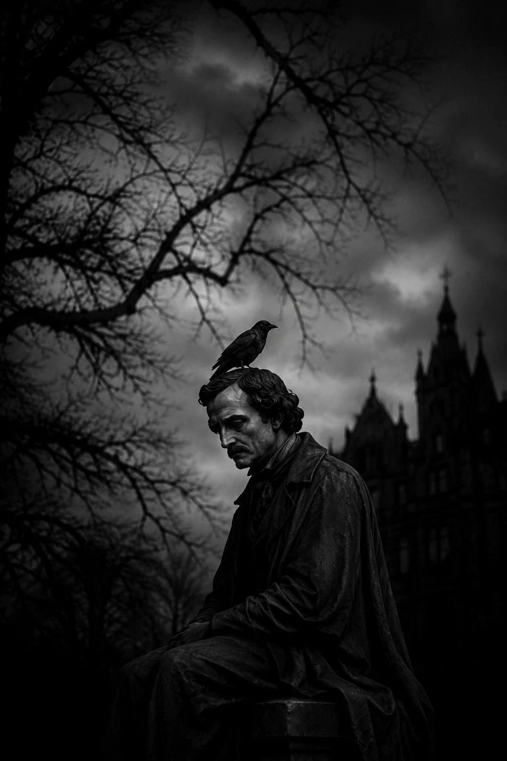 Statue d'Edgar Allan Poe avec un corbeau sur la tête